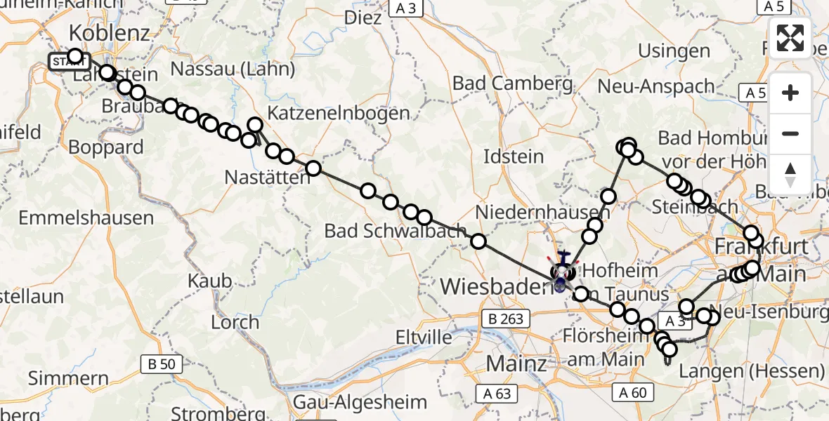 Flugroute Polizeihubschrauber Koblenz-Winningen Flugplatz - Autobahn Police Wiesbaden Hubschrauberlandeplatz, 23 Mai 2026, 15:07