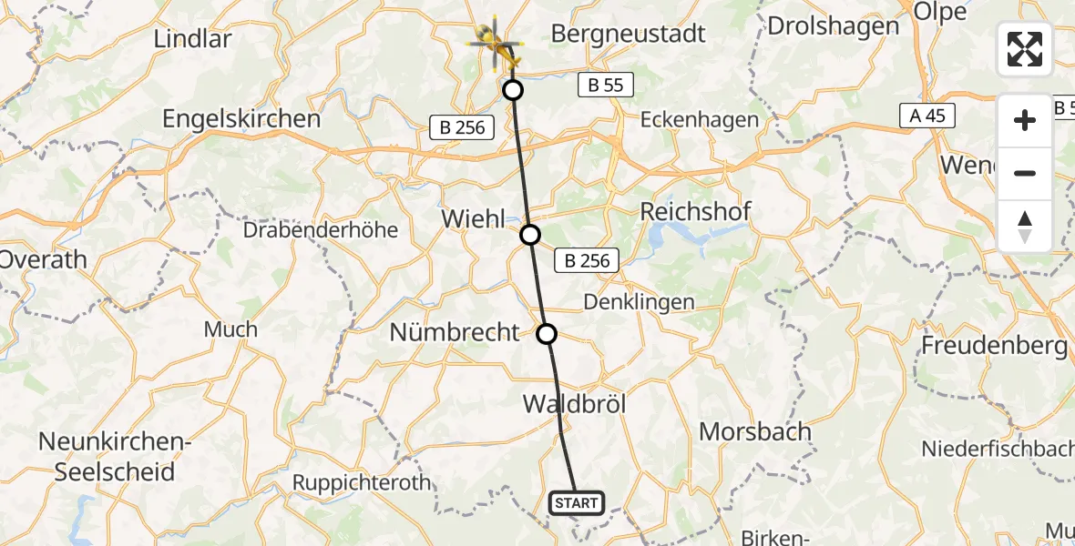 Flugroute Rettungshubschrauber Waldbröl - Gummersbach, 23 Mai 2026, 15:08