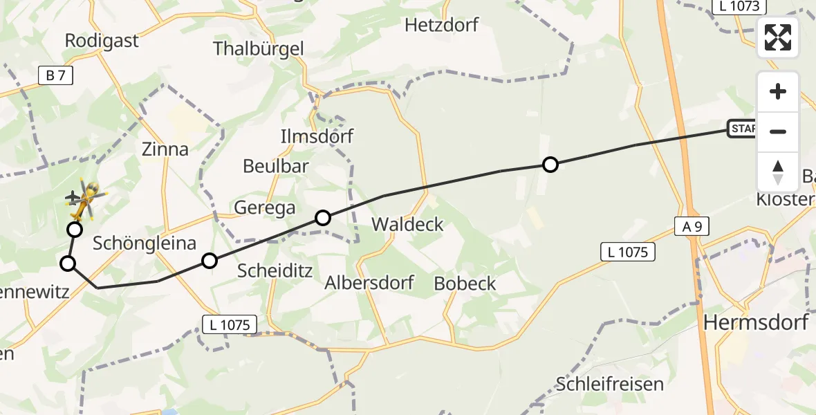 Flugroute Rettungshubschrauber Bad Klosterlausnitz - Jena-Schöngleina Flugplatz, 23 Mai 2026, 15:09