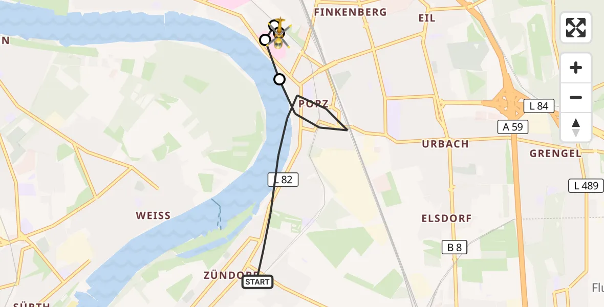 Flugroute Rettungshubschrauber Köln - Porz am Rhein Hospital, 23 Mai 2026, 15:09