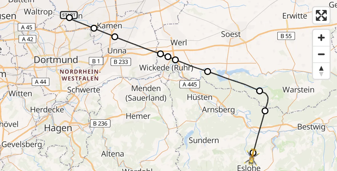 Flugroute Rettungshubschrauber Sankt Marien Hospital - Eslohe (Sauerland), 23 Mai 2026, 15:10
