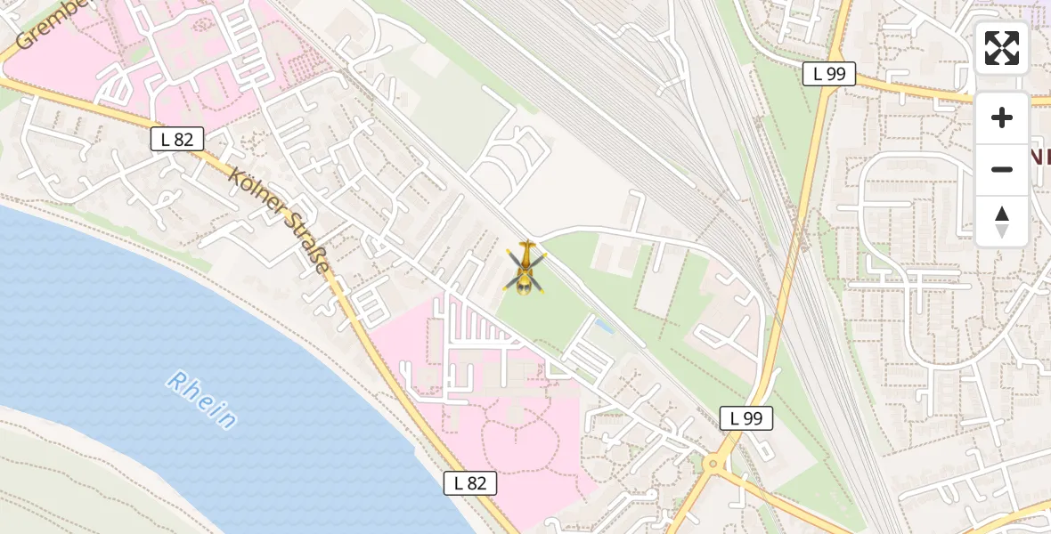 Flugroute Rettungshubschrauber Porz am Rhein Hospital - Porz am Rhein Hospital, 23 Mai 2026, 15:14