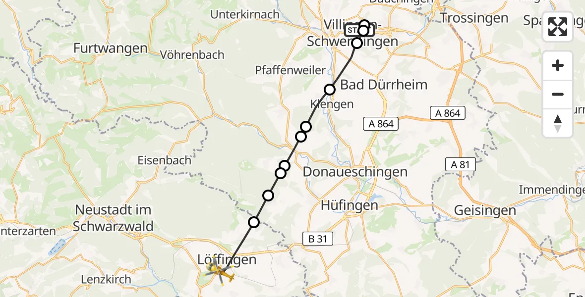 Flugroute Ambulanzhubschrauber DRF Air Rescue Station Villingen-Schwenningen Hubschrauberlandeplatz (Christoph 11) - Löffingen, 23 Mai 2026, 15:15