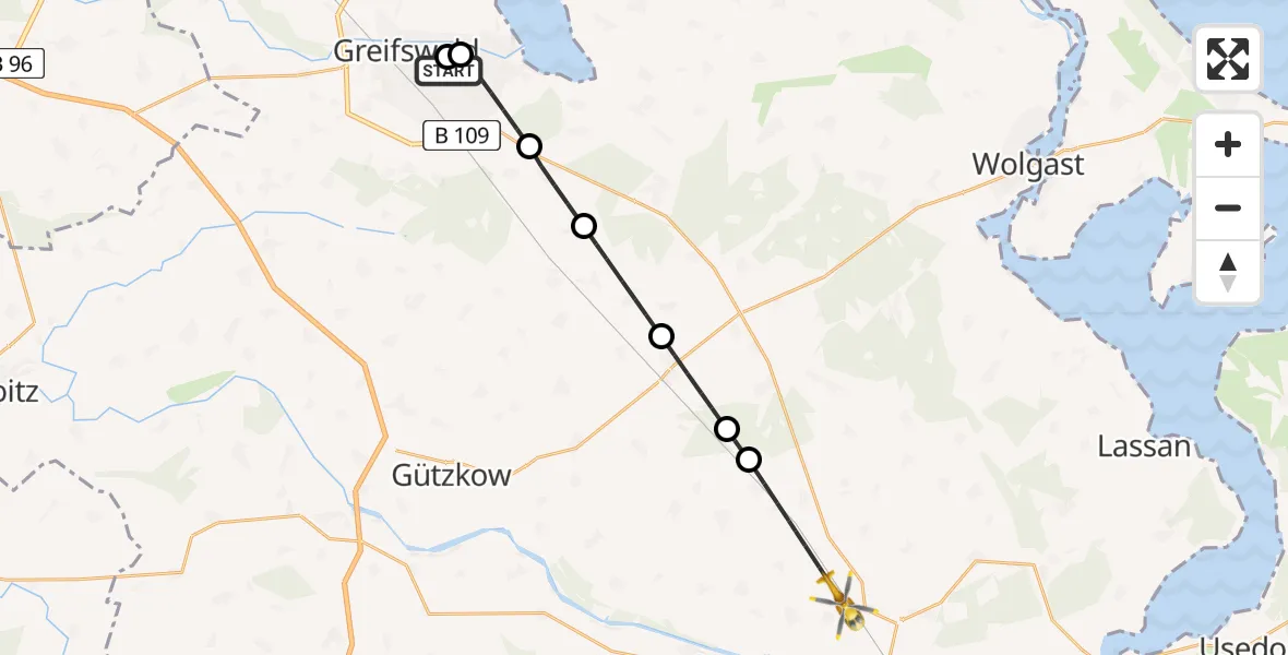 Flugroute Rettungshubschrauber Greifswald Hospital - Ziethen, 23 Mai 2026, 15:21