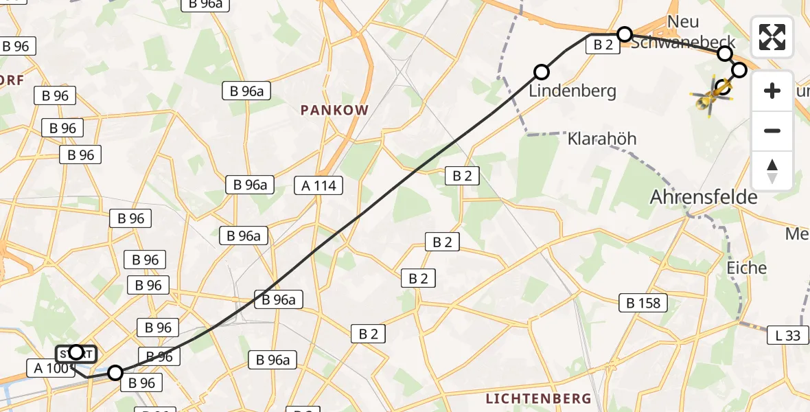 Flugroute Rettungshubschrauber Charité Clinic Virchow Campus - Ahrensfelde Hubschrauberlandeplatz, 23 Mai 2026, 15:27