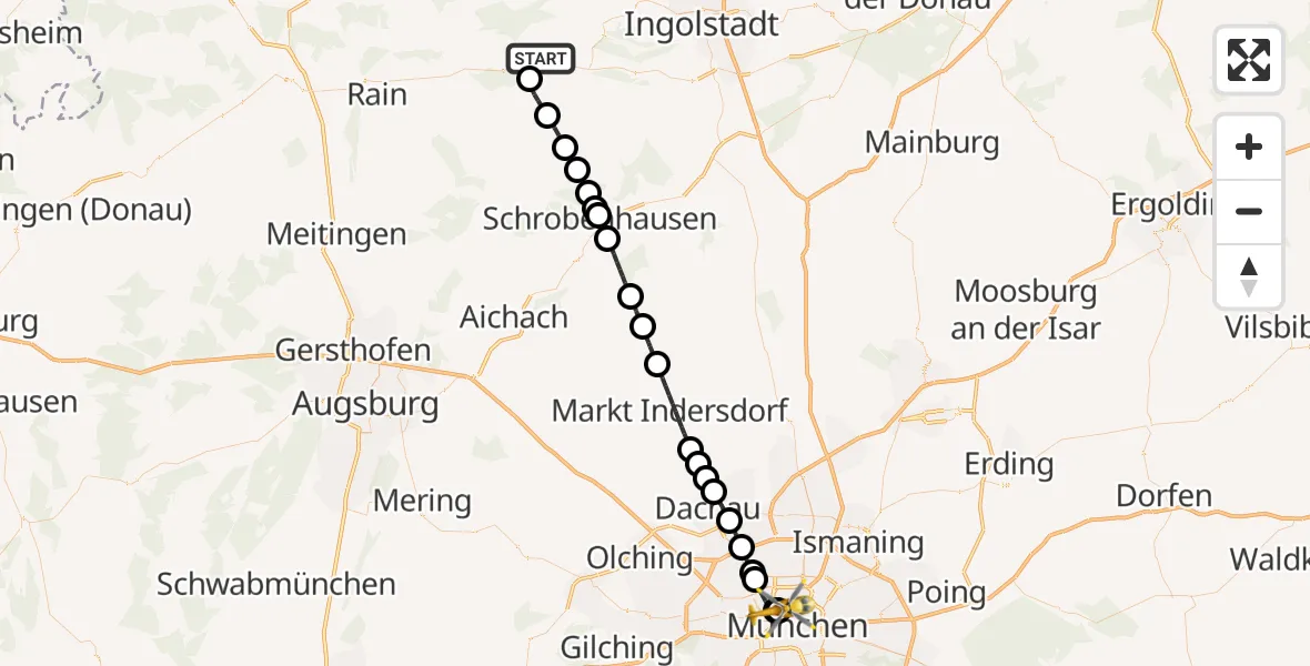Flugroute Rettungshubschrauber Neuburg a.d.Donau - Deutsches Herzzentrum München, 23 Mai 2026, 15:30