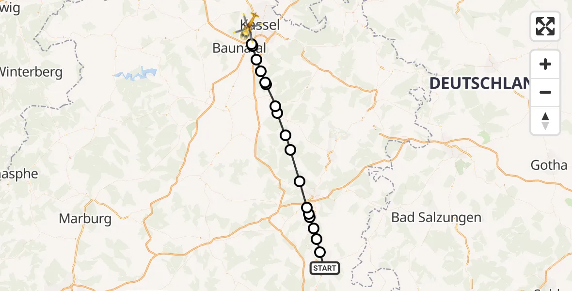 Flugroute Rettungshubschrauber Hünfeld - Kassel, 23 Mai 2026, 15:32