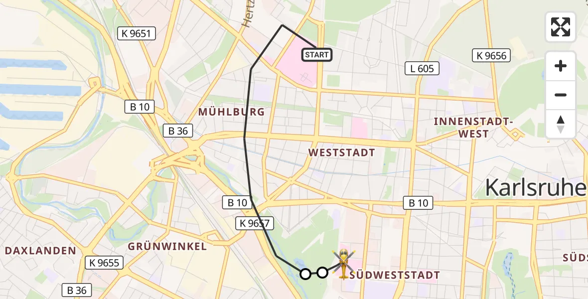 Flugroute Rettungshubschrauber Karlsruhe - Sankt Vincentius Hospital, 23 Mai 2026, 15:37