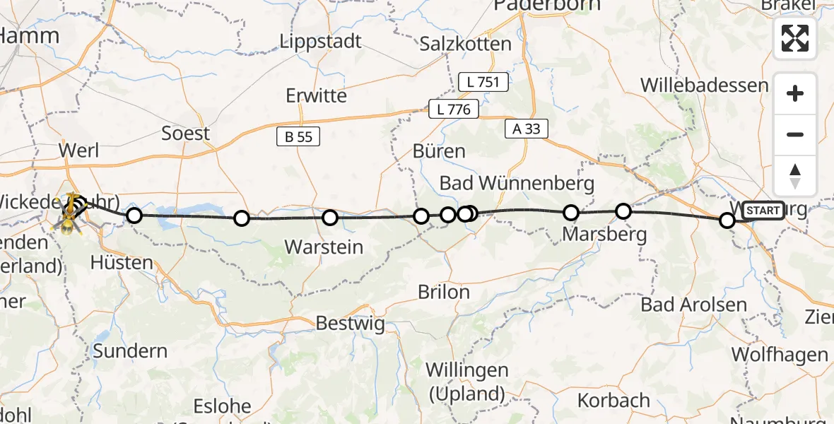 Flugroute Rettungshubschrauber Warburg - Arnsberg-Menden Flugplatz, 23 Mai 2026, 15:40