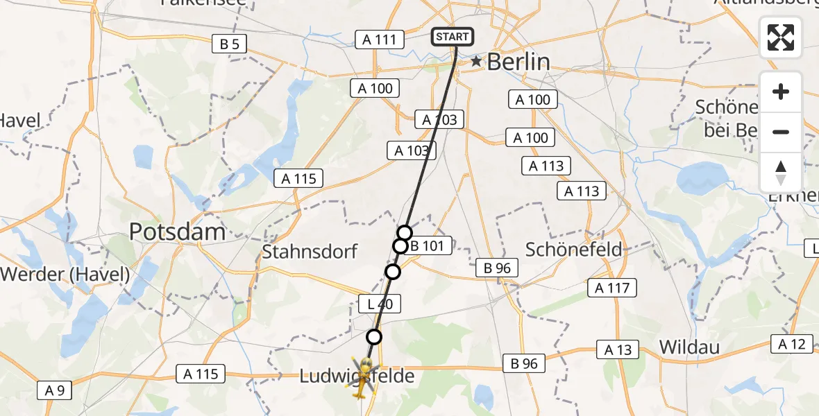 Flugroute Rettungshubschrauber Berlin - Ludwigsfelde, 23 Mai 2026, 15:44