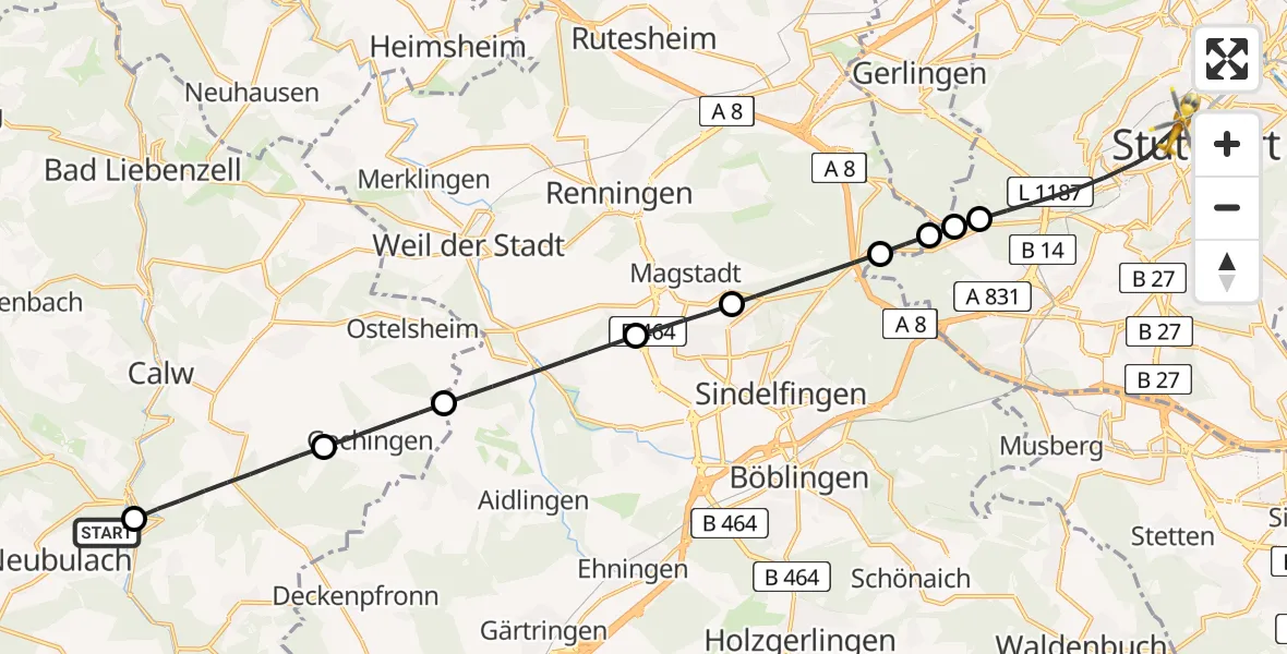 Flugroute Rettungshubschrauber Neubulach - Stuttgart, 23 Mai 2026, 15:45