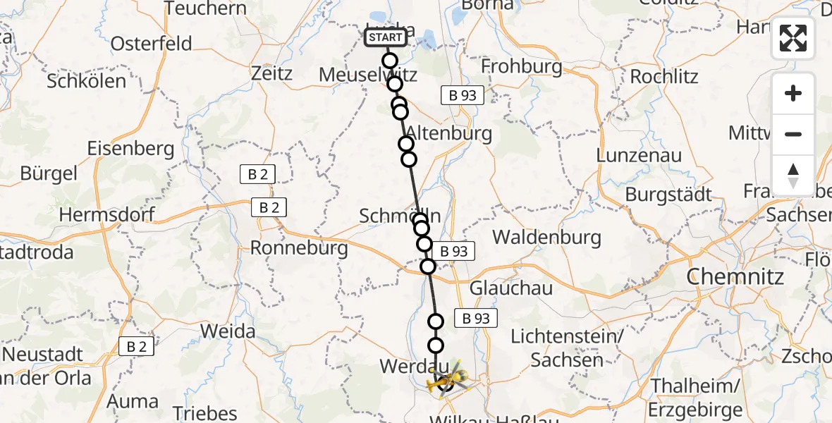 Flugroute Rettungshubschrauber Lucka - ADAC Air Rescue Station Zwickau Hubschrauberlandeplatz, 23 Mai 2026, 15:46