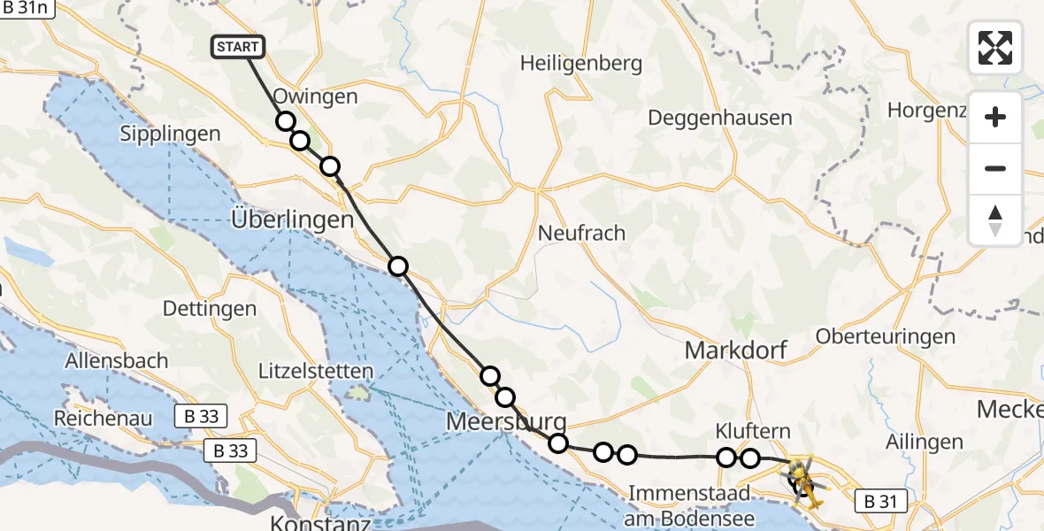 Flugroute Rettungshubschrauber Owingen - Friedrichshafen Hospital, 23 Mai 2026, 15:48