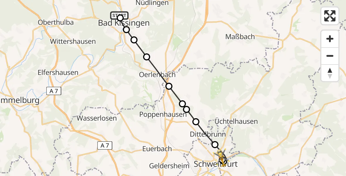 Flugroute Rettungshubschrauber Bad Kissingen Flugplatz - Leopoldina Schweinfurt City Hospital, 23 Mai 2026, 15:50