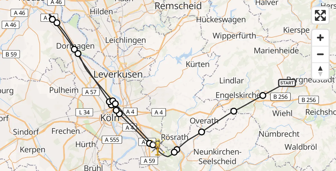 Flugroute Rettungshubschrauber Gummersbach - Köln Bonn Flughafen, 23 Mai 2026, 15:50