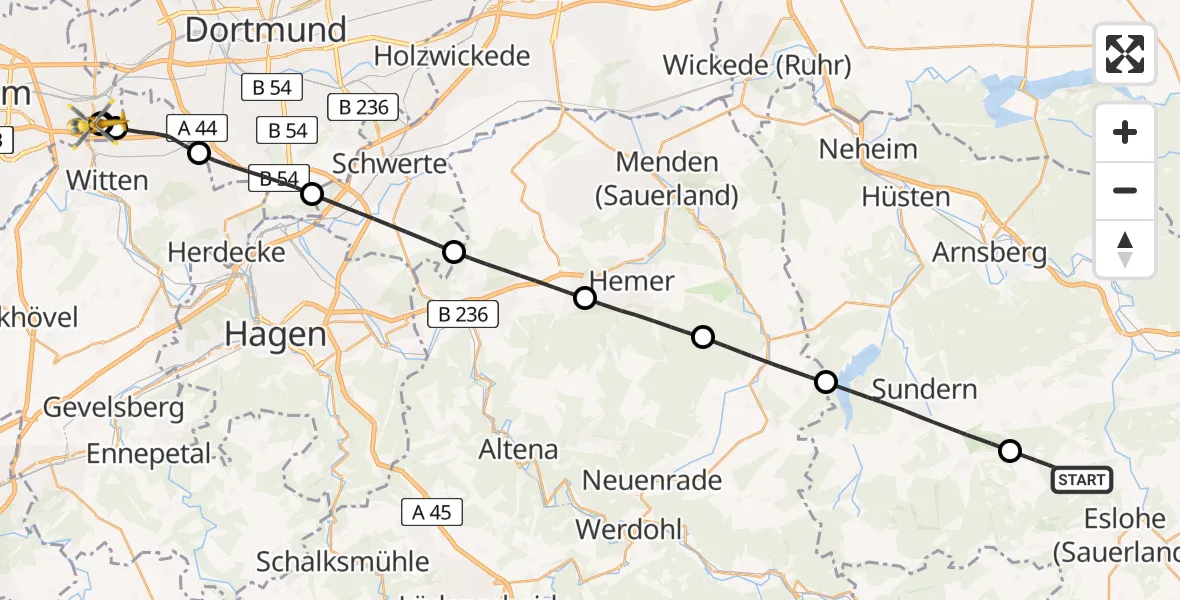 Flugroute Rettungshubschrauber Meschede - Bochum University Miners' Hospital, 23 Mai 2026, 15:53