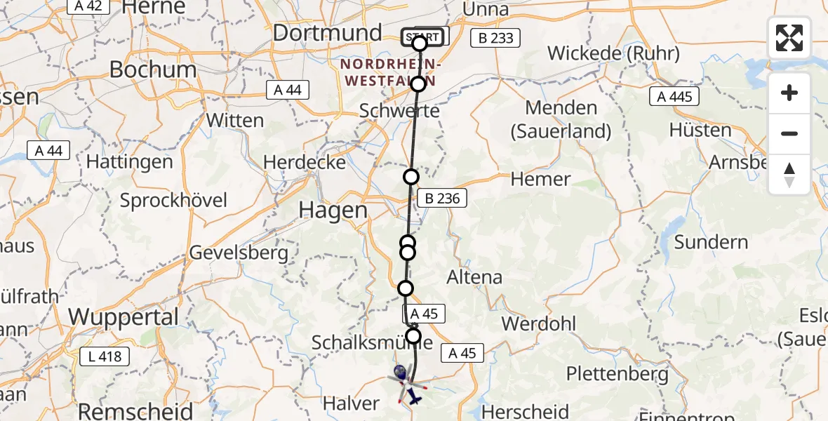 Flugroute Polizeihubschrauber Dortmund Flughafen - Lüdenscheid, 23 Mai 2026, 15:55