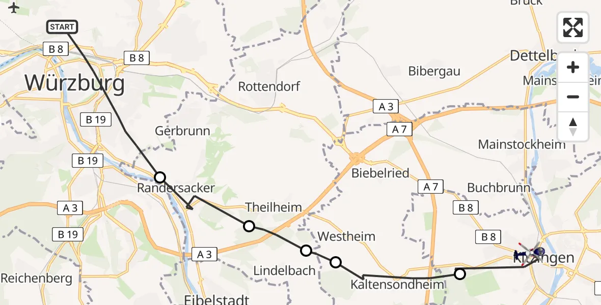Flugroute Polizeihubschrauber Würzburg - Kitzingen, 23 Mai 2026, 15:55