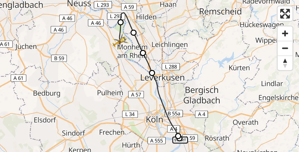 Flugroute Rettungshubschrauber Porz am Rhein Hospital - Dormagen, 23 Mai 2026, 15:56