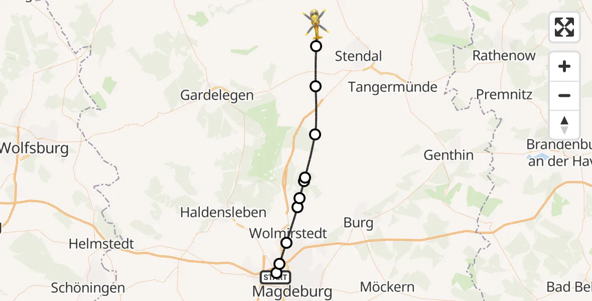 Flugroute Rettungshubschrauber Magdeburg Hospital - Bismark (Altmark), 23 Mai 2026, 15:58