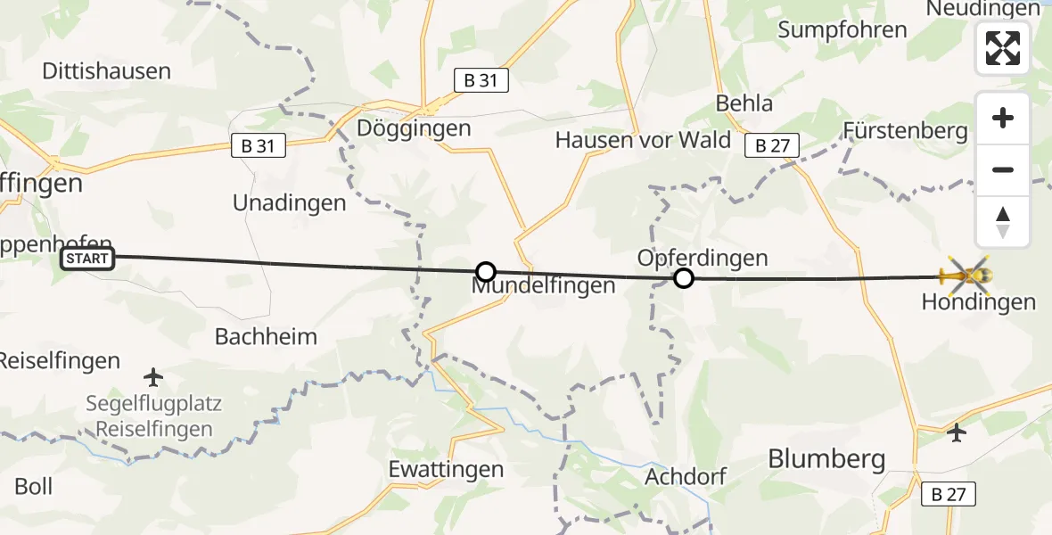 Flugroute Ambulanzhubschrauber Löffingen - Blumberg, 23 Mai 2026, 15:58