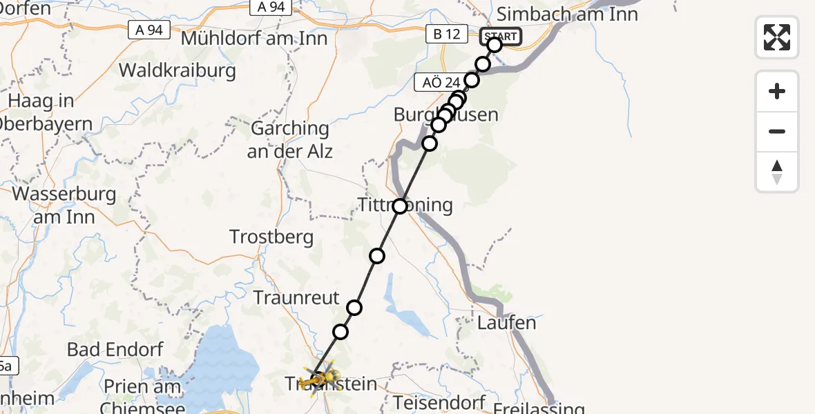 Flugroute Rettungshubschrauber Julbach - Traunstein Hospital, 23 Mai 2026, 15:59