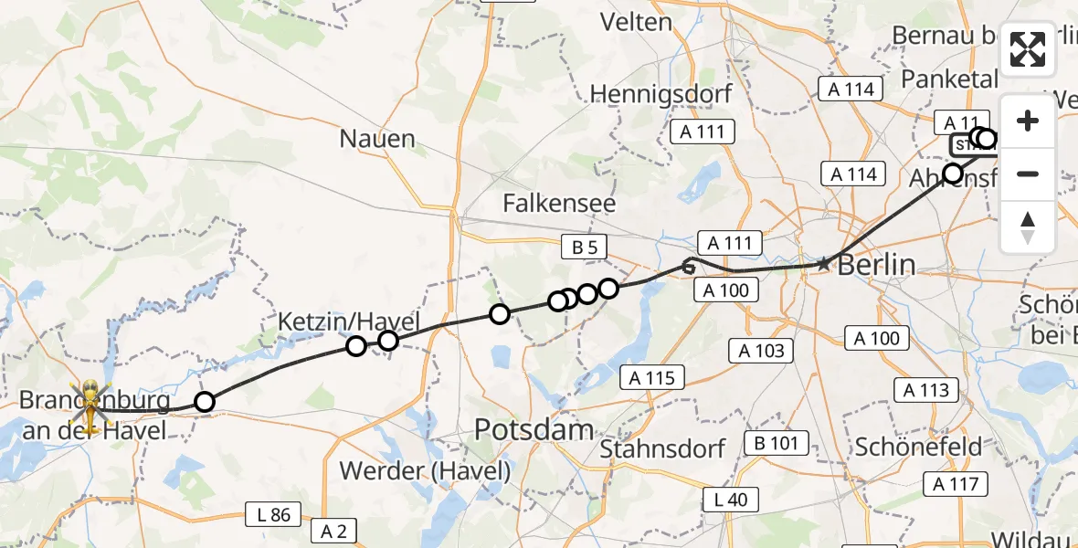 Flugroute Rettungshubschrauber Ahrensfelde Hubschrauberlandeplatz - Brandenburg an der Havel, 23 Mai 2026, 16:10