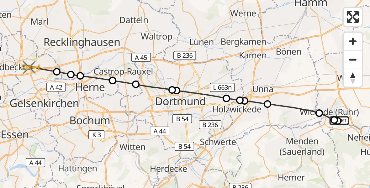 Flugroute Rettungshubschrauber Arnsberg-Menden Flugplatz - Gelsenkirchen, 23 Mai 2026, 16:12