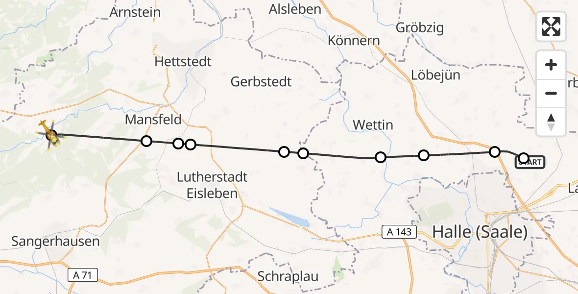 Flugroute Rettungshubschrauber Halle-Oppin Flugplatz - Sangerhausen, 23 Mai 2026, 16:13