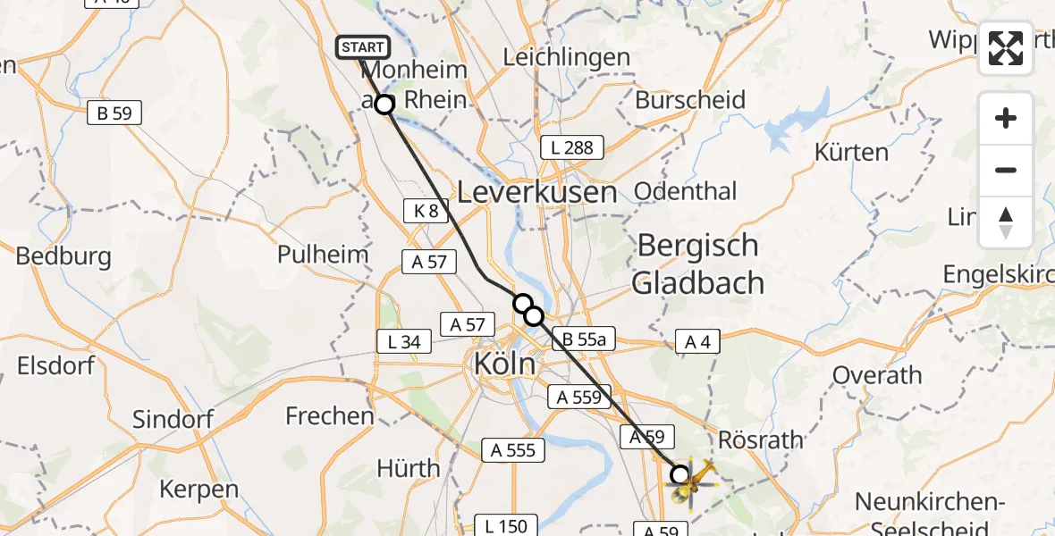 Flugroute Rettungshubschrauber Dormagen - Köln Bonn Flughafen, 23 Mai 2026, 16:15