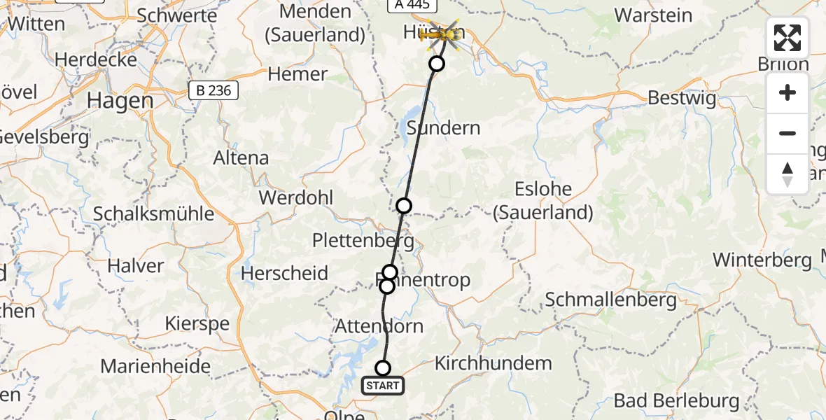 Flugroute Ambulanzhubschrauber Olpe - Arnsberg, 23 Mai 2026, 16:15