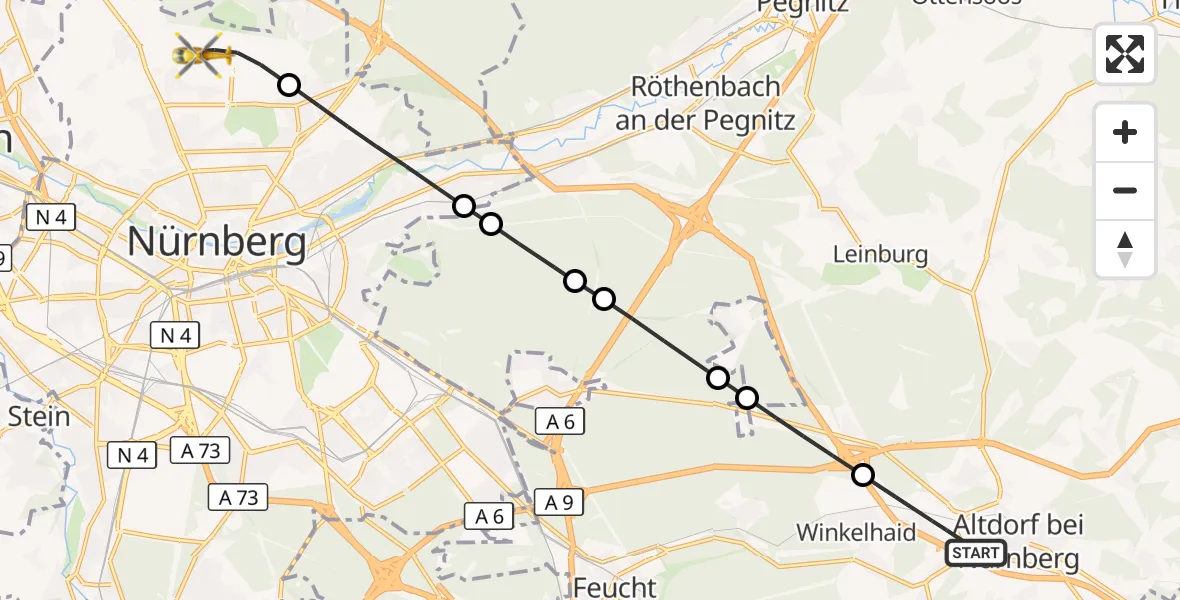 Flugroute Ambulanzhubschrauber Altdorf b.Nürnberg - Flughafen Nuremberg, 23 Mai 2026, 16:16