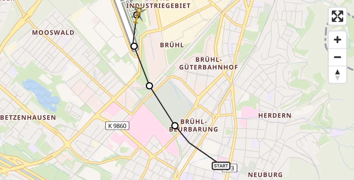 Flugroute Rettungshubschrauber Freiburg im Breisgau - Freiburg im Breisgau Flugplatz, 23 Mai 2026, 16:17