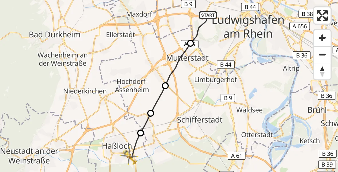Flugroute Rettungshubschrauber Ludwigshafen am Rhein - Haßloch, 23 Mai 2026, 16:17