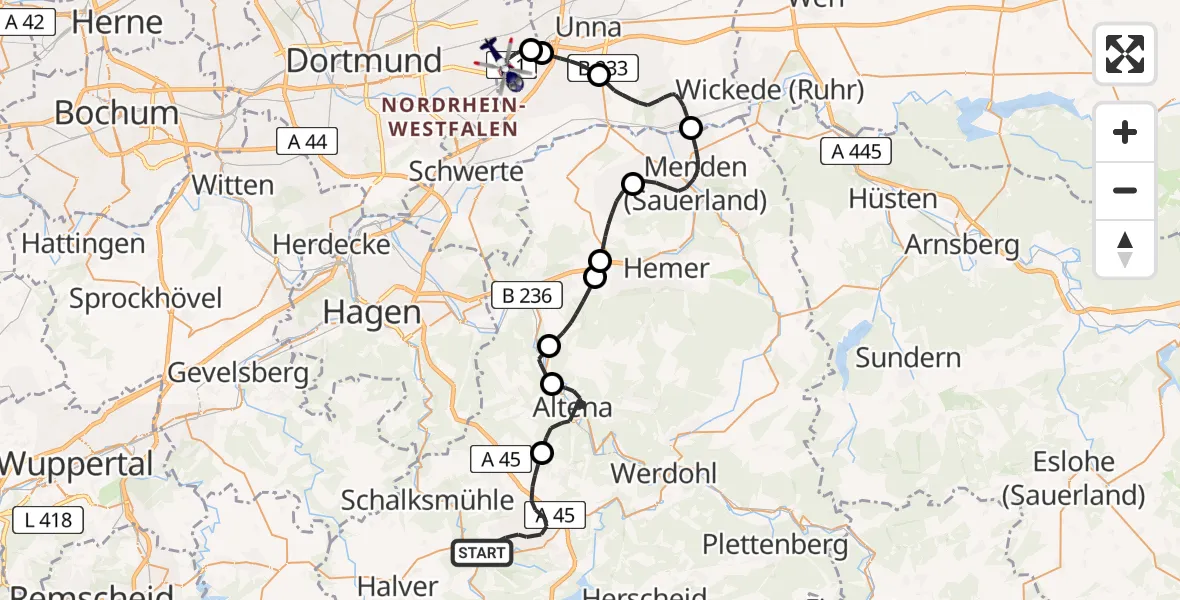 Flugroute Polizeihubschrauber Lüdenscheid - Dortmund Flughafen, 23 Mai 2026, 16:19