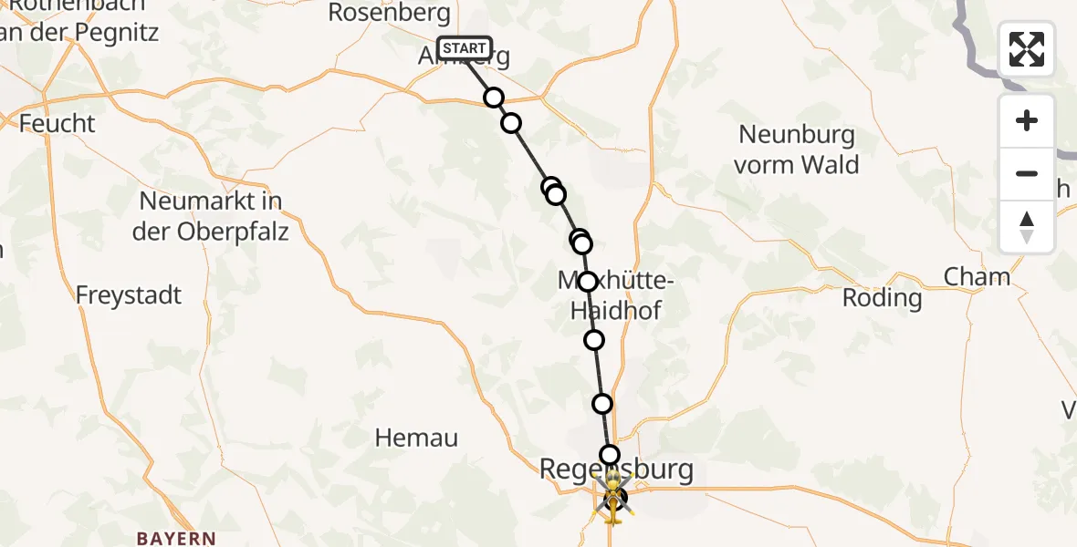 Flugroute Rettungshubschrauber Amberg - DRF Air Rescue Station Regensburg / Regensburg University Hospital, 23 Mai 2026, 16:19