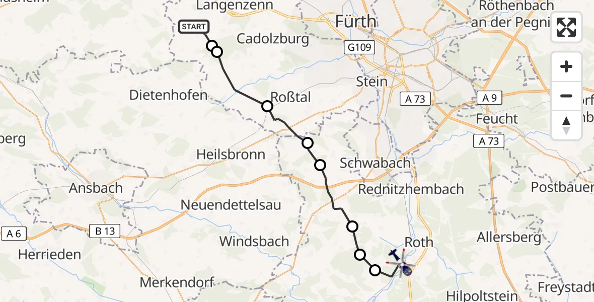 Flugroute Polizeihubschrauber Wilhermsdorf - Roth, 23 Mai 2026, 16:20