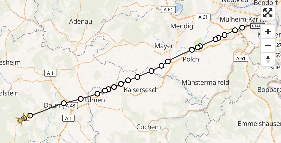 Flugroute Rettungshubschrauber Koblenz - Wallenborn, 23 Mai 2026, 16:22