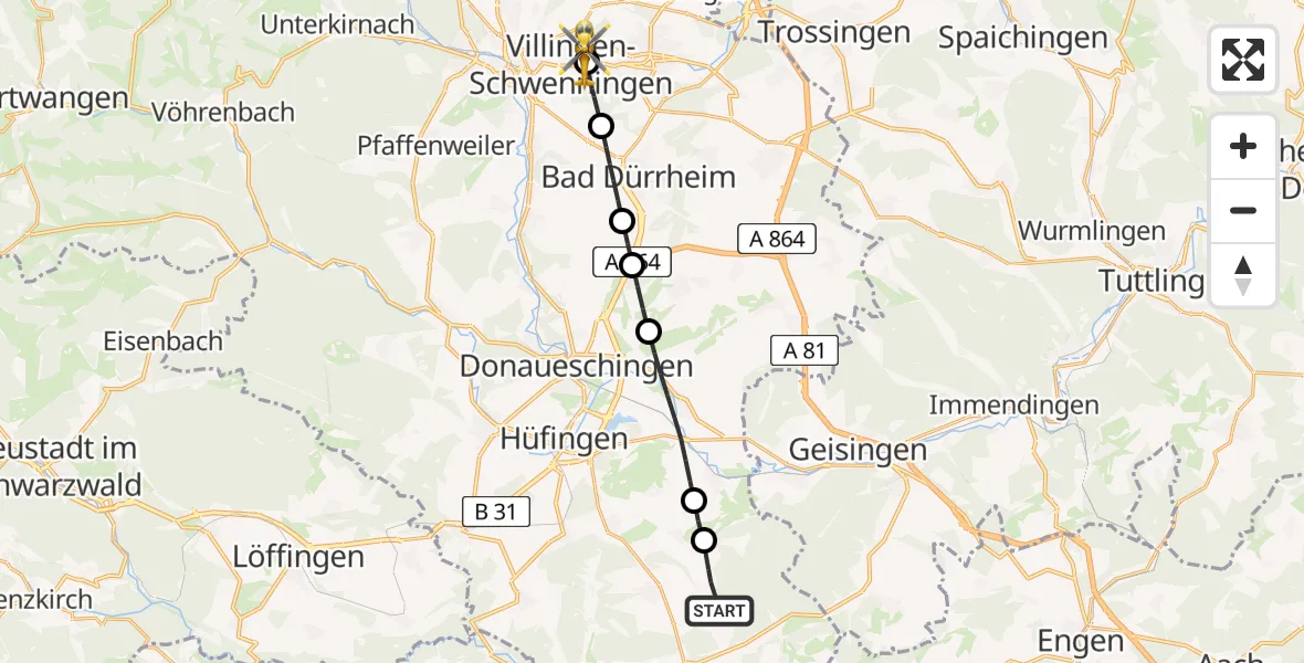 Flugroute Ambulanzhubschrauber Blumberg - DRF Air Rescue Station Villingen-Schwenningen Hubschrauberlandeplatz (Christoph 11), 23 Mai 2026, 16:26