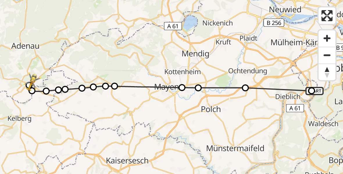 Flugroute Ambulanzhubschrauber Koblenz-Winningen Flugplatz - Nürburgring Hubschrauberlandeplatz, 23 Mai 2026, 16:29