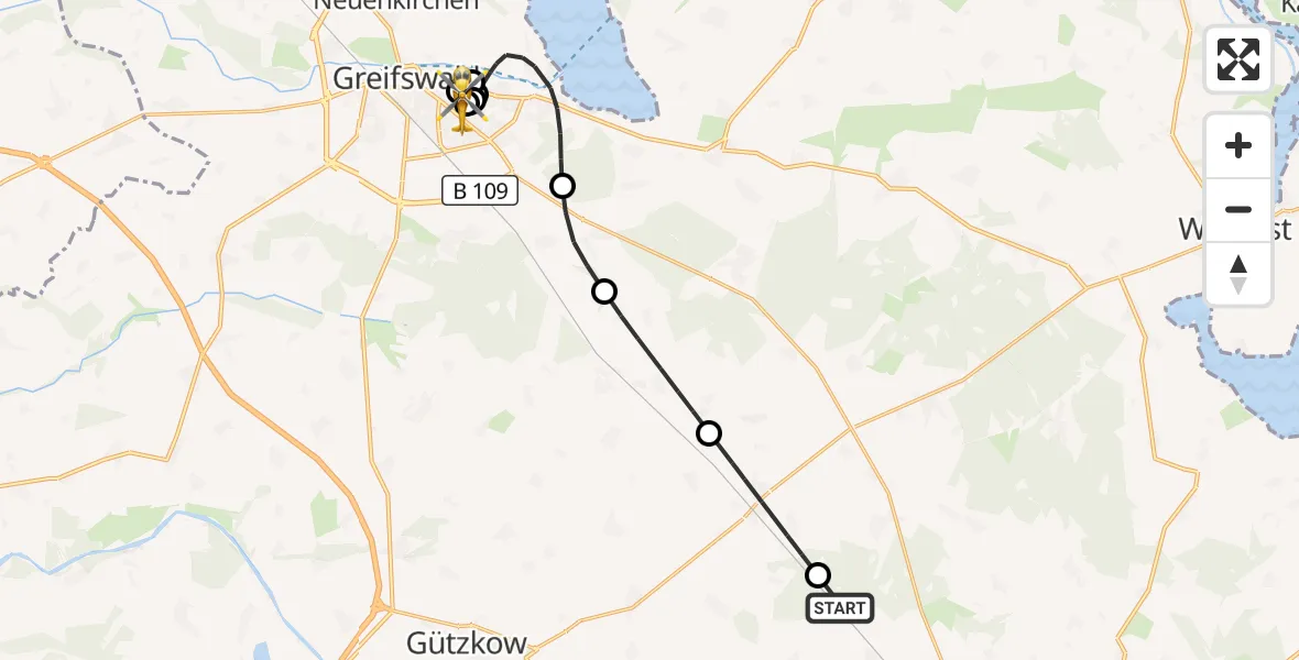 Flugroute Rettungshubschrauber Klein Bünzow - Greifswald Hospital, 23 Mai 2026, 16:31