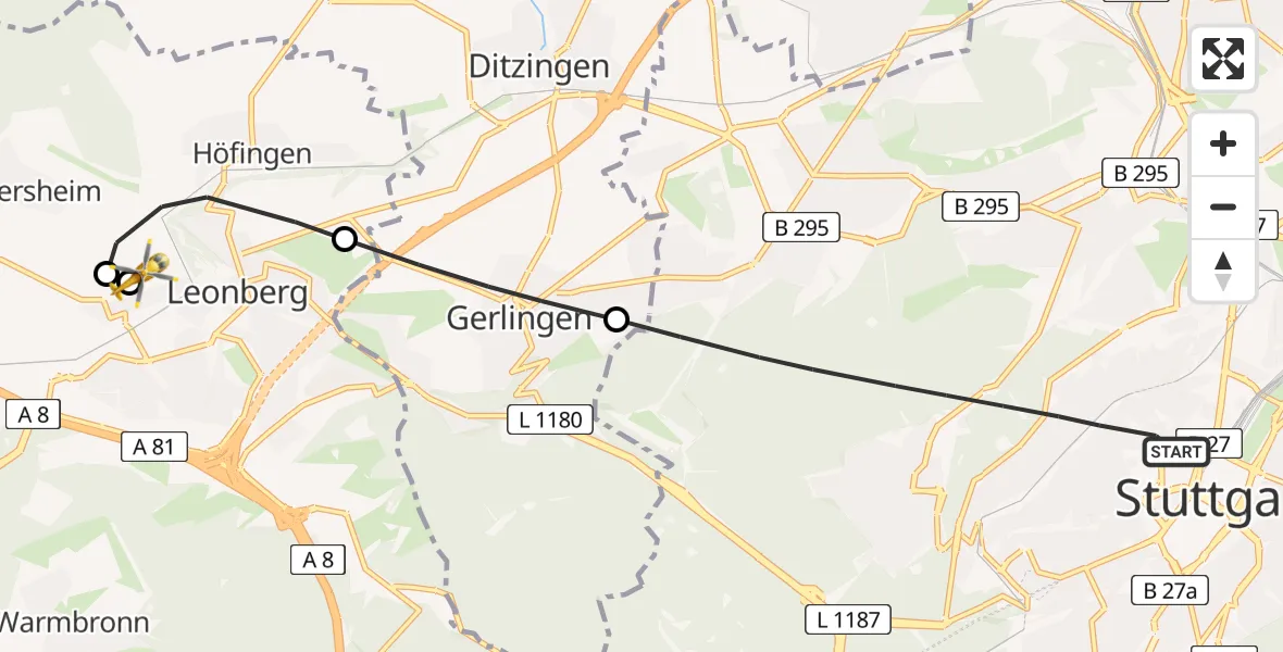 Flugroute Rettungshubschrauber Stuttgart - Leonberg Hospital, 23 Mai 2026, 16:33