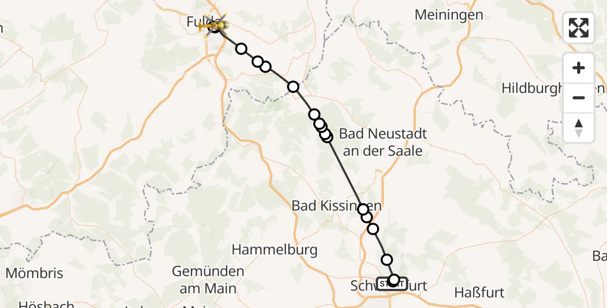 Flugroute Rettungshubschrauber Leopoldina Schweinfurt City Hospital - Fulda Hospital, 23 Mai 2026, 16:37