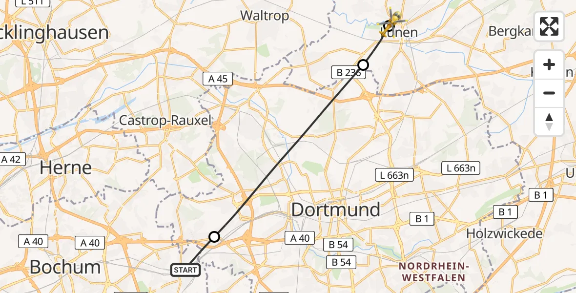 Flugroute Rettungshubschrauber Bochum - Sankt Marien Hospital, 23 Mai 2026, 16:38
