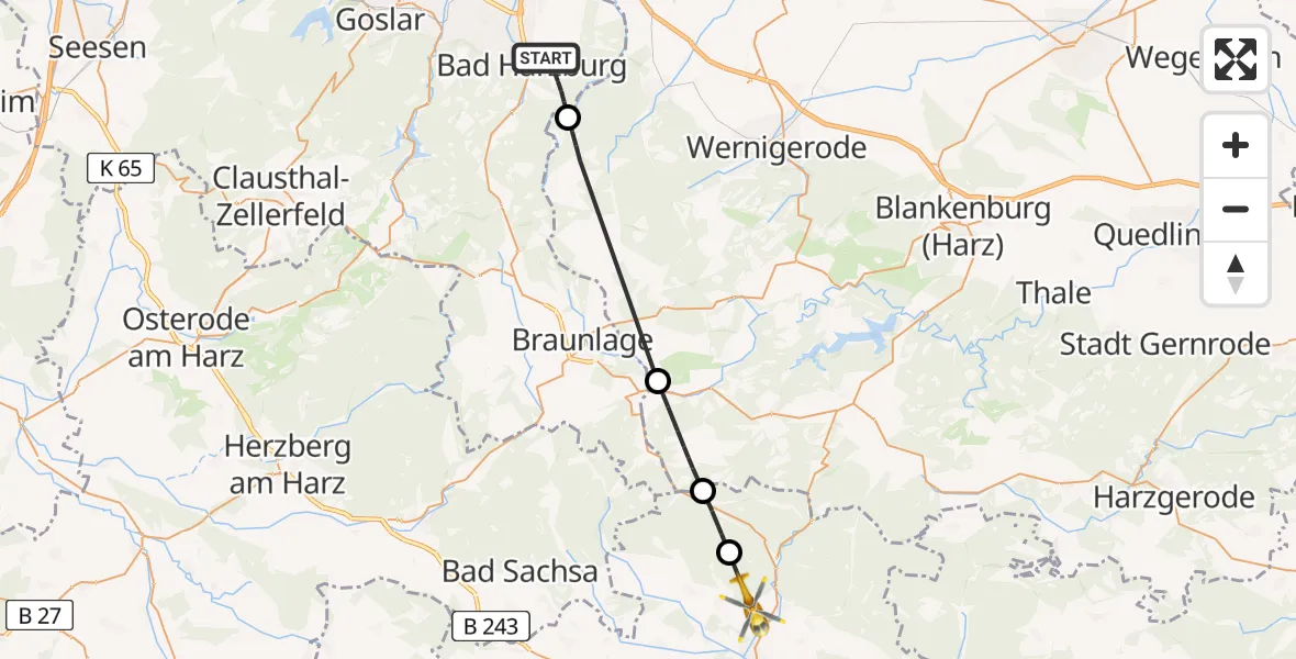 Flugroute Rettungshubschrauber Bad Harzburg - Harztor, 23 Mai 2026, 16:40