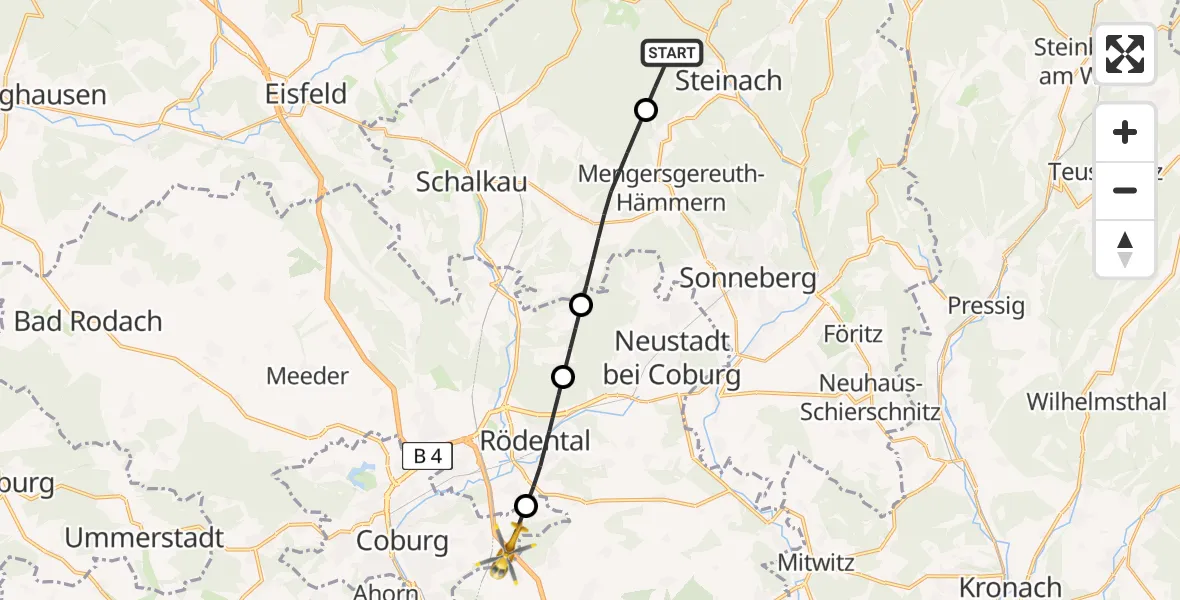 Flugroute Rettungshubschrauber Neuhaus am Rennweg - Coburg, 23 Mai 2026, 16:47