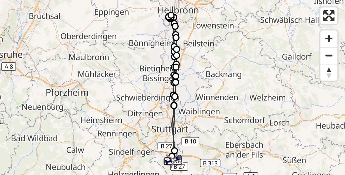 Flugroute Polizeihubschrauber Flughafen Stuttgart - Flughafen Stuttgart, 23 Mai 2026, 16:50