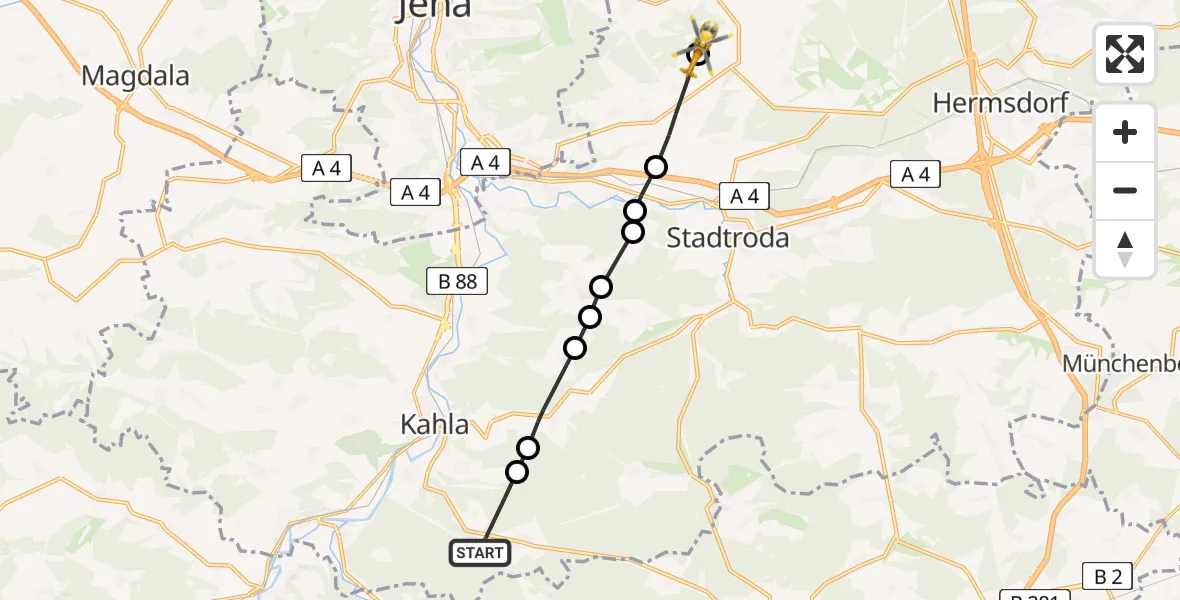 Flugroute Rettungshubschrauber Hummelshain - Jena-Schöngleina Flugplatz, 23 Mai 2026, 16:51