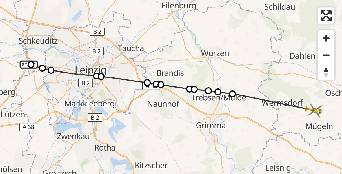 Flugroute Rettungshubschrauber ADAC Air Rescue Station Leipzig/Schkeuditz-Dölzig Hubschrauberlandeplatz (Christoph 61) - Wermsdorf, 23 Mai 2026, 16:51