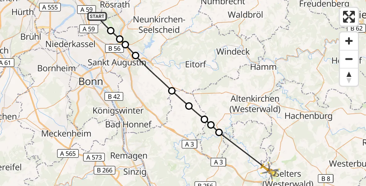 Flugroute Rettungshubschrauber Köln Bonn Flughafen - Dierdorf, 23 Mai 2026, 16:52
